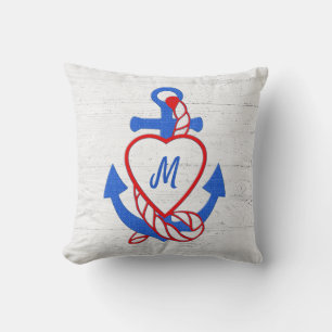Coussin Ancre Coeur Sur Bois Blanchi