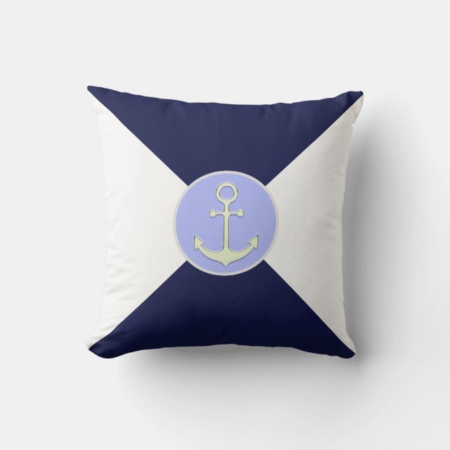 Coussin Ancre d'argent nautique sur bleu et blanc marine (Recto)