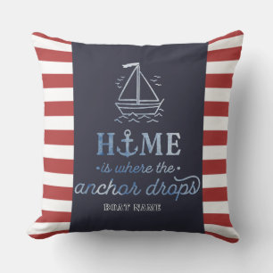 Coussin Ancre de bateau nautique bleu marine, rayures roug