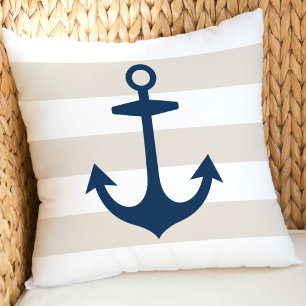Coussin Ancre de marine nautique bronzée blanche rayée