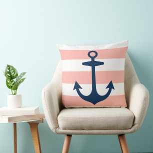 Coussin Ancre de marine nautique corail blanc rayure