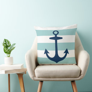 Coussin Ancre de marine nautique rayure blanche Seafoam