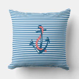 Coussin Ancre marine, corde rouge et bandes bleues