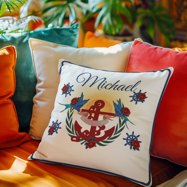 Coussin Ancre marine Floral Bleu rouge (Créateur téléchargé)