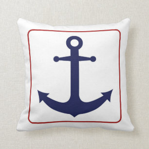 Coussin Ancre nautique - blanc et bleu rouges