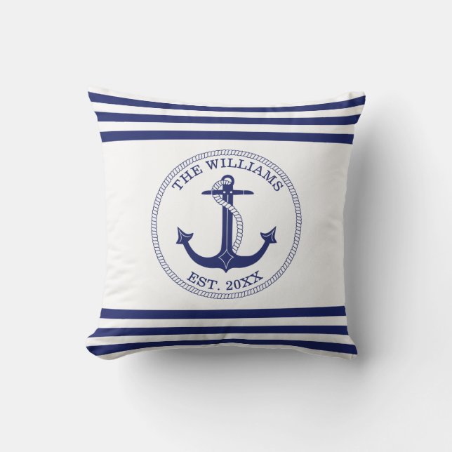 Coussin Ancre Nautique Bleu Blancs Blancs Nom personnalisé (Recto)