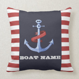Coussin Ancre nautique bleu marine, rayures rouges