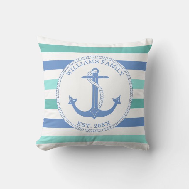 Coussin Ancre nautique Bleu Turquoise bande Famille Monogr (Recto)