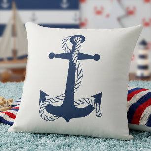 Coussin Ancre nautique & corde Navy Blanc ID836