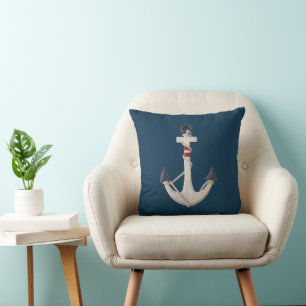 Coussin Ancre Nautique En Bois Sur Bleu Marine