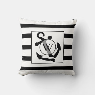 Coussin Ancre nautique Grilles de Monogramme noir et blanc