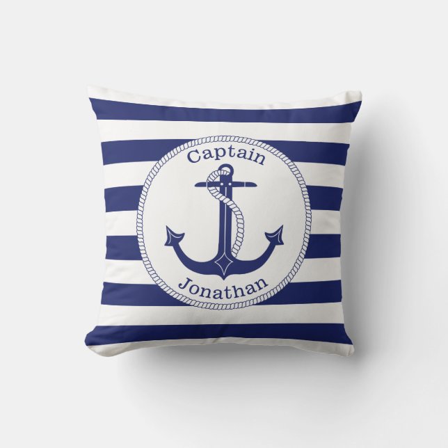 Coussin Ancre nautique Marine Bleu Capitaine Personnalisé (Recto)