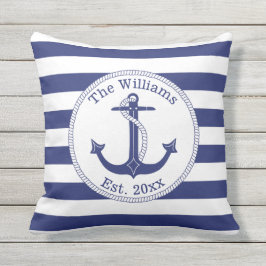 Coussin Ancre nautique Marine Blue Stripes Nom de famille