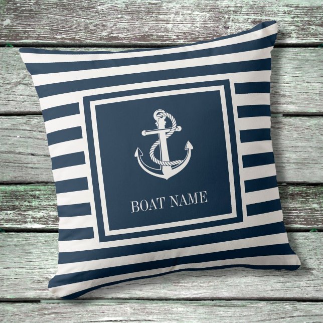 Coussin Ancre nautique Nom du bateau Marine Blue Striped (Créateur téléchargé)