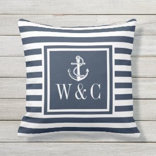 Coussin Ancre nautique rayée bleu marine Monogramme