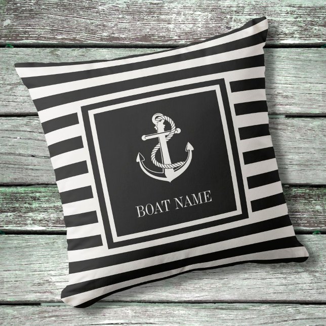 Coussin Ancre nautique rayée noir et blanc Nom du bateau (Créateur téléchargé)