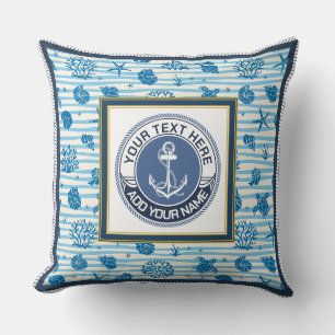 Coussin Ancre Naútíque Rayures Bleues Coquillages Nom Pers