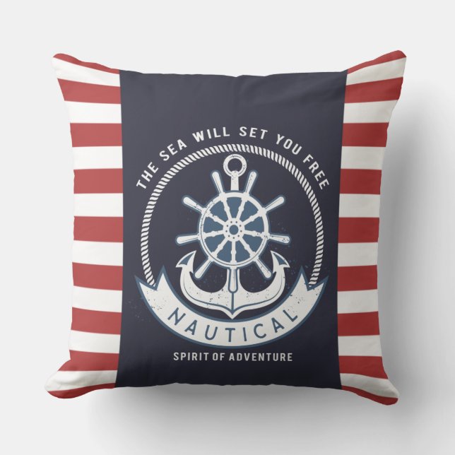 Coussin Ancre nautique, Roue, Bleu marine, Bandes rouges (Recto)