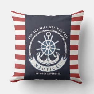 Coussin Ancre nautique,Roue, Bleu marine,Rayes rouges
