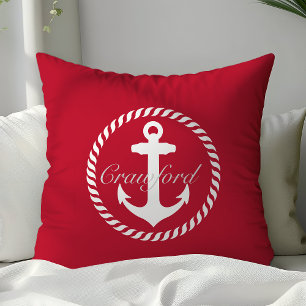 Coussin Ancre Nautique Rouge et Blanc Monogramme Prépa