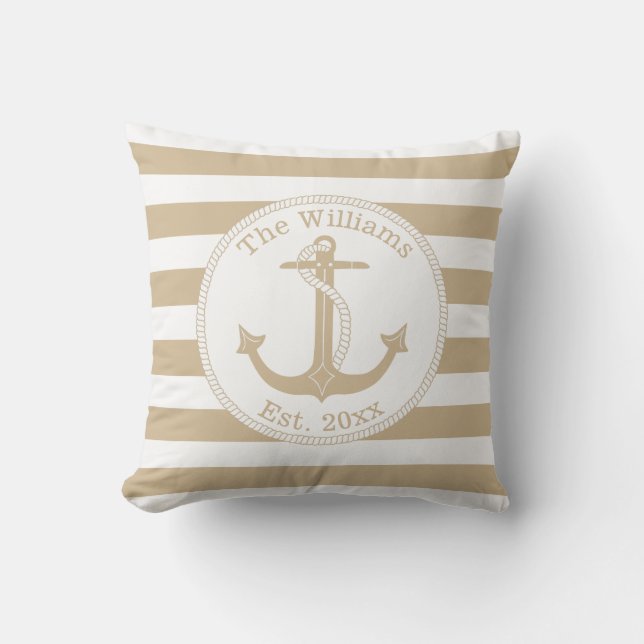 Coussin Ancre Nautique Tan White Stripes Nom de famille (Recto)