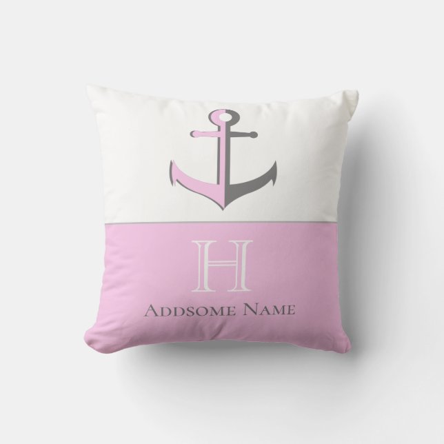 Coussin Ancre rose marine Monogramme côtière (Recto)