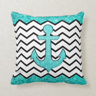 Coussin Ancre turquoise et chevron de parties