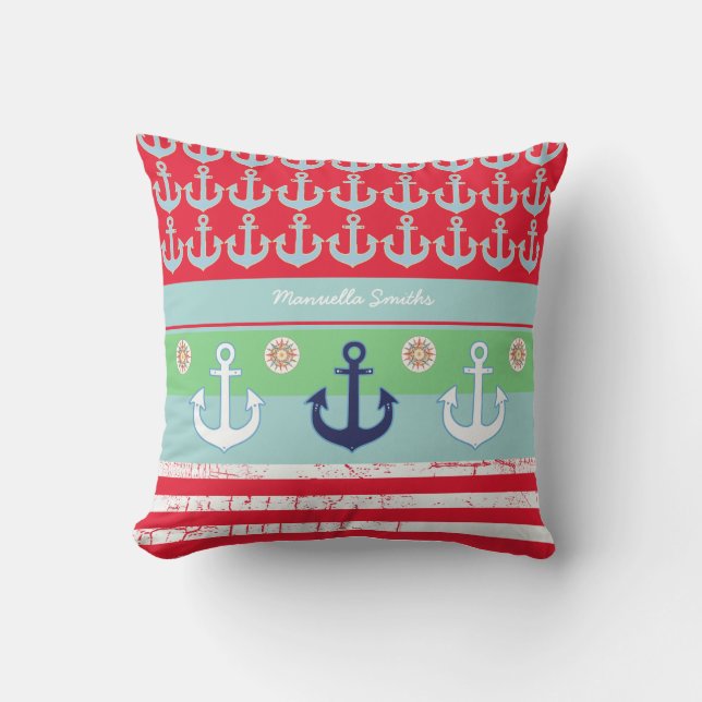 Coussin ancres et rayures nautiques et personnalisées (Recto)