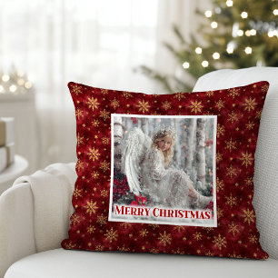 Coussin Ange de fête rouge or personnalisé cadeau de Noël