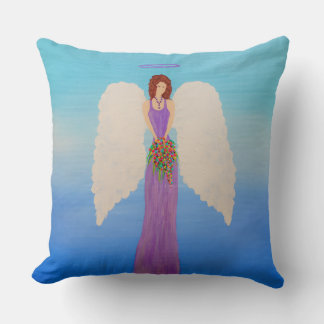 Coussin Angel in purple gown holding a spring bouquet .