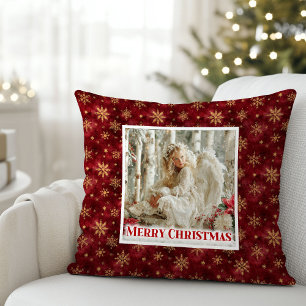 Coussin Angélique ange poinsettia rouge or festive Noël