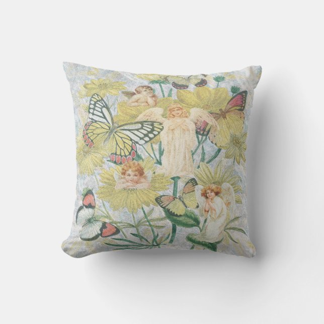 Coussin Anges, papillons et fleurs en jaune (Recto)