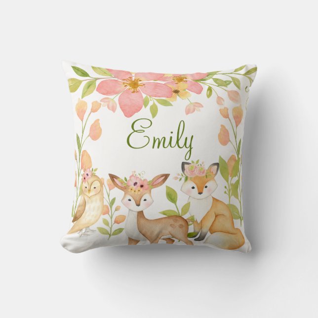Coussin Animaux de bois rose Floral Personnalisé (Recto)