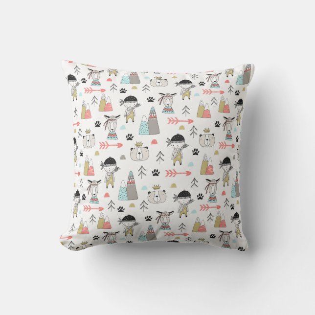 Coussin Animaux mignons de région boisée et motif indien (Recto)