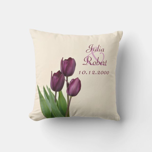 Coussin Anniversaire crème de 3 tulipes pourpres (Recto)