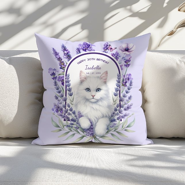 Coussin Anniversaire élégant de Lavande et de Chat (Créateur téléchargé)