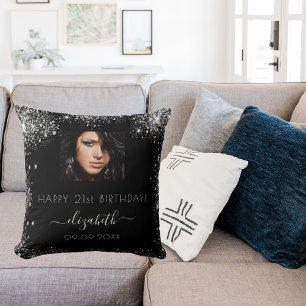 Coussin Anniversaire noir photo personnalisée argent nom d