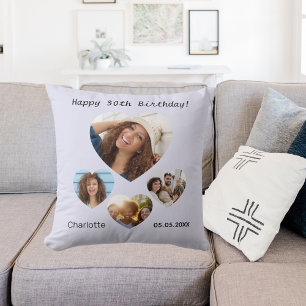 Coussin Anniversaire nom âge photo coeur collage lavande
