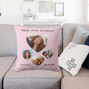 Coussin Anniversaire nom âge photo coeur collage rose