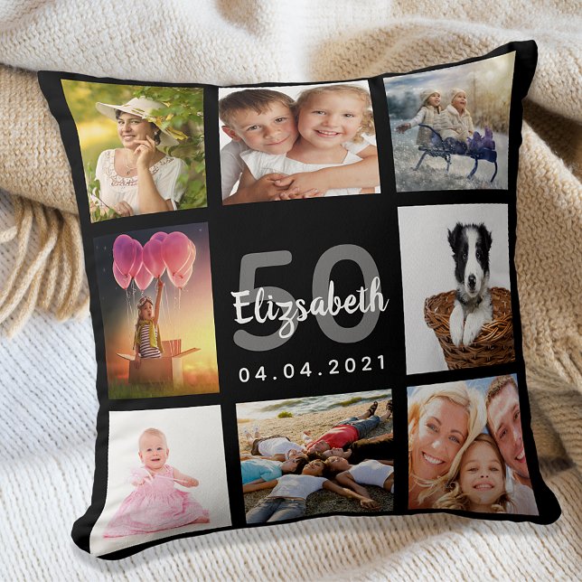 Coussin Anniversaire personnalisé photo collage femme noir (Créateur téléchargé)