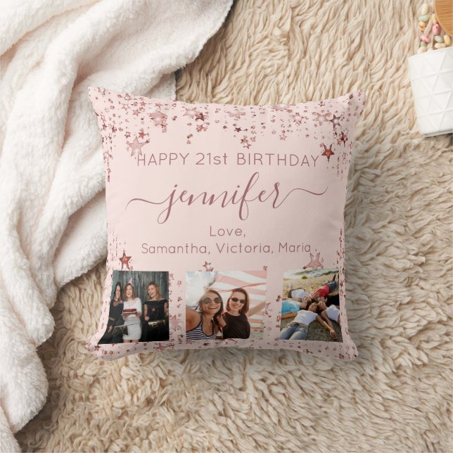 Coussin Anniversaire rose or étoiles amis photo (Couverture)