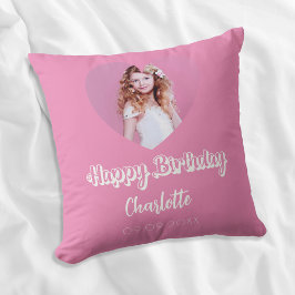 Coussin Anniversaire rose photo nom du coeur script fille