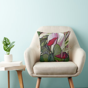 COUSSIN ANTHURIUM TROPICAL/VERT ROUGE ET COULEURS DE POISS