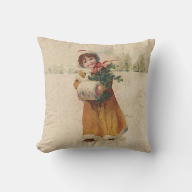 Coussin Antique Fille de Noël Enfant d'hiver (Recto)