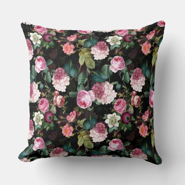 Coussin Antique Nostalgale Redouté Rose Motif noir (Recto)