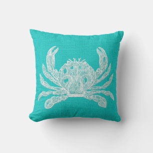 Coussin Aqua avec look Burlap crabe blanc
