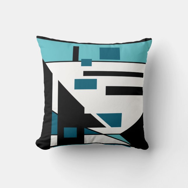 Coussin Aqua Blanc Noir Turquoise Géométrique Art Abstrait (Recto)