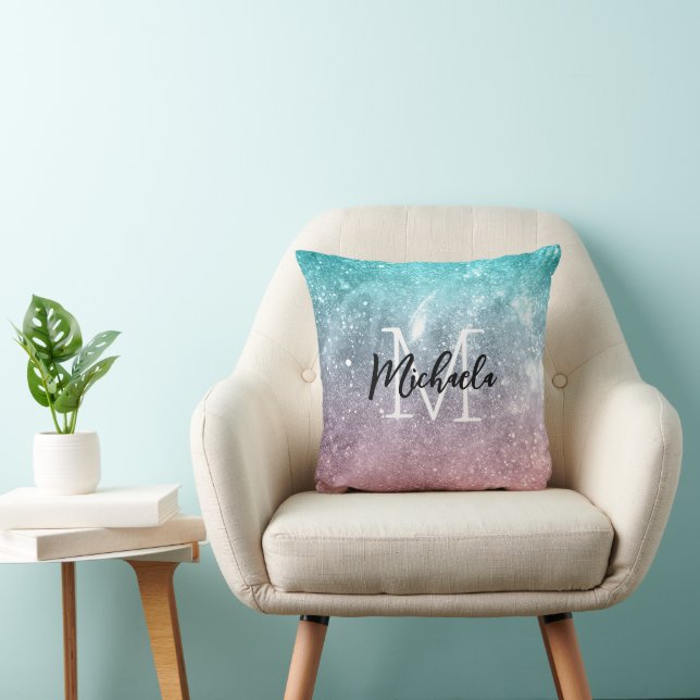 Coussin Aqua blue Pink ombre mer galaxie abstraite Monogra (Chaise)