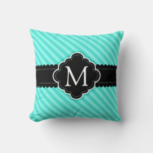 Coussin Aqua Blue Stripes Motif Black Custom Monogramme