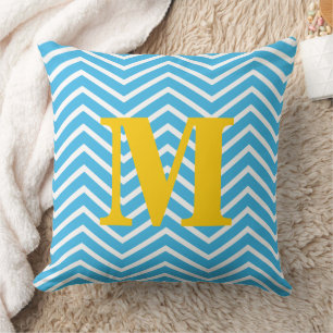 Coussin Aqua clair et blanc avec Monogramme jaune Zig Zag